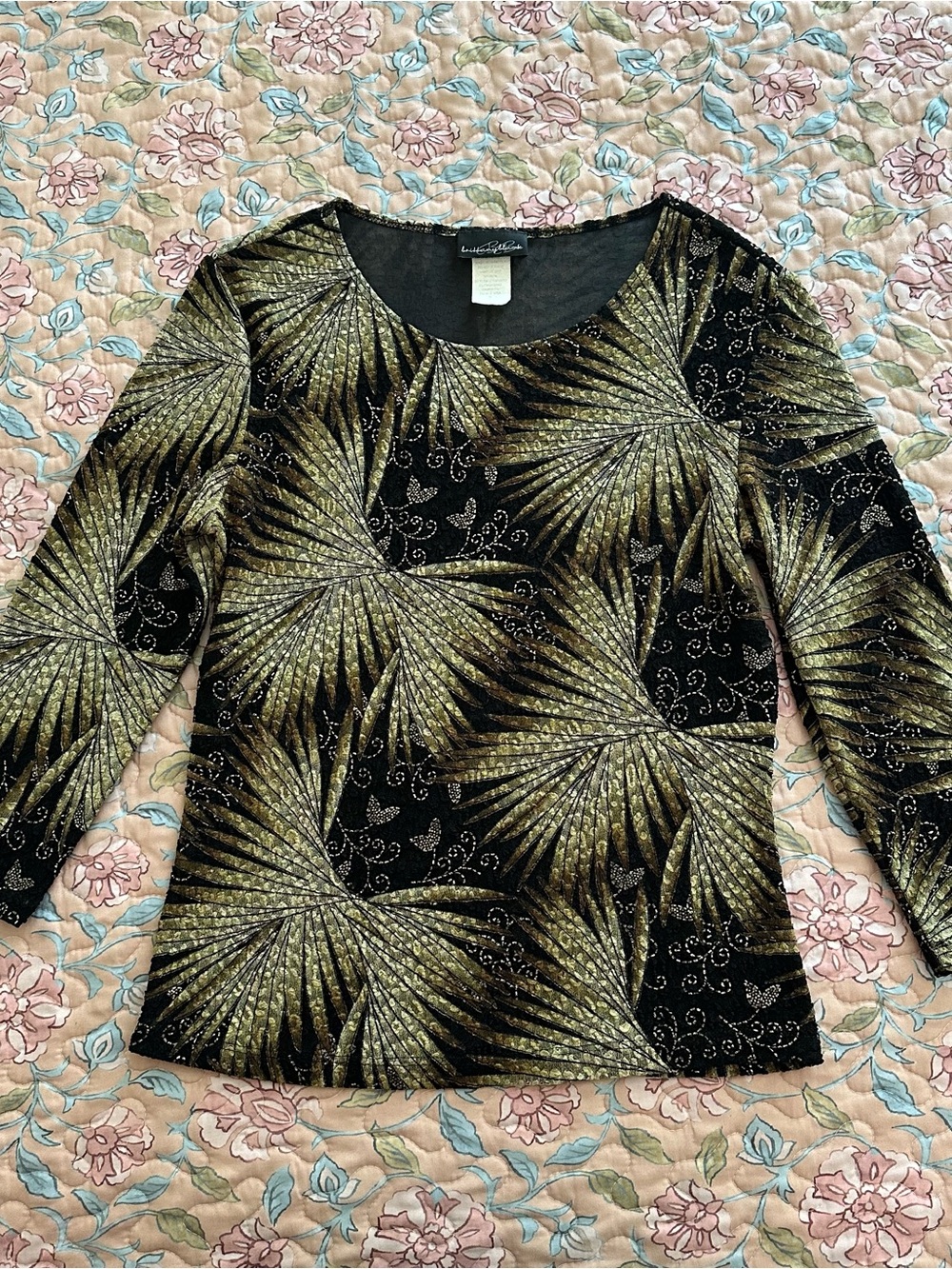 Vintage Made in USA Black & Olive Green Whimsy Floral Shimmer Women’s Top